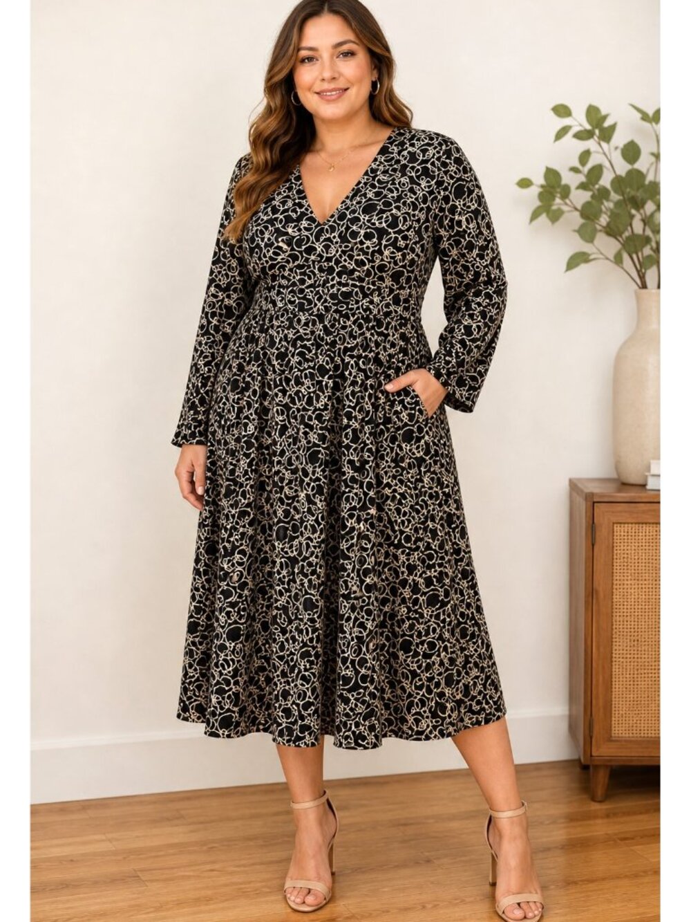 Vintage Liz Claiborne Fit & Flare Empire Midi Dress Size 14 V Collar 3/4 Sleeves